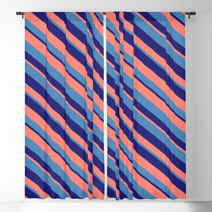 Blue, Midnight Blue, and Salmon Colored Stripes Pattern Blackout Curtain