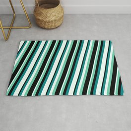 [ Thumbnail: Aquamarine, Black, Teal, and Mint Cream Colored Lined Pattern Rug ]