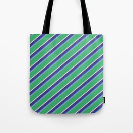 [ Thumbnail: Vibrant Dark Grey, Sea Green, Light Gray, Dark Slate Blue & Blue Colored Lines/Stripes Pattern Tote Bag ]
