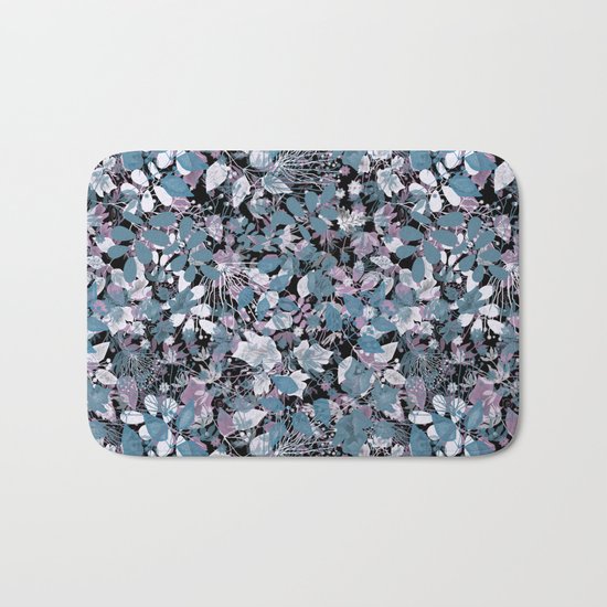 Openwork blue and purple leaves on a black background . Bath Mat
