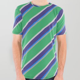 [ Thumbnail: Vibrant Dark Grey, Sea Green, Light Gray, Dark Slate Blue & Blue Colored Lines/Stripes Pattern All Over Graphic Tee ]