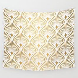 Art Deco Pattern. Seamless white and gold background. Metallic shells or scales lace ornament. Minimalistic geometric design. Vintage lines. 1920-30s motifs. Luxury vintage wedding decoration Wall Tapestry