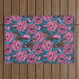 Pink peonies and wrens on blue Outdoor Rug