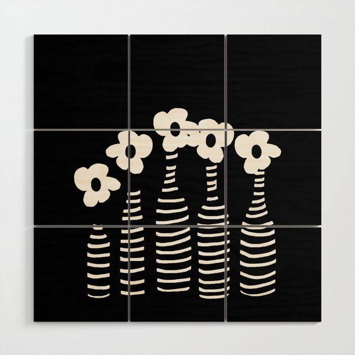 White Petals Retro Flowers and Stripe Bottles Black Background #decor #society6 #buyart Wood Wall Art