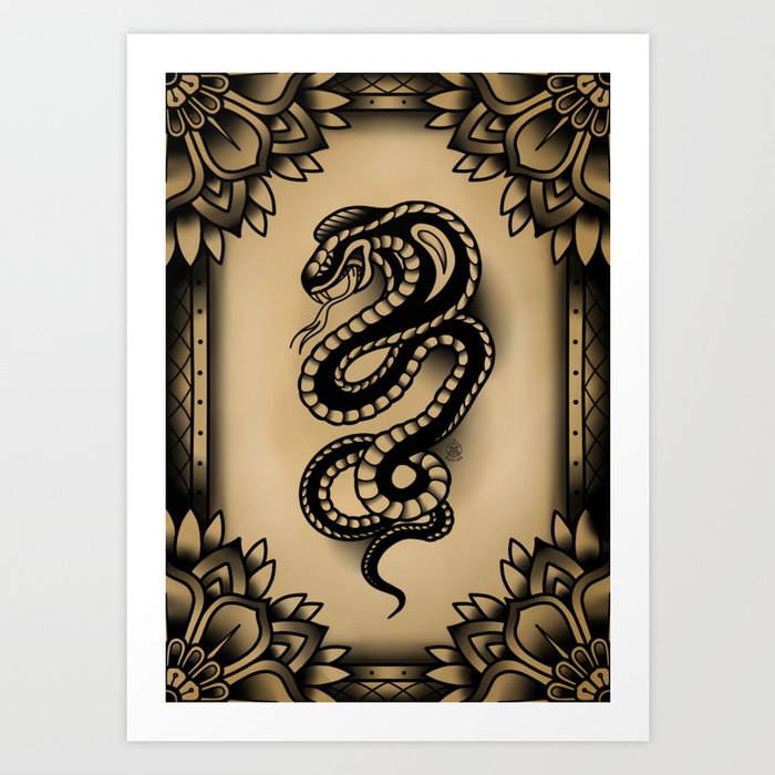 Traditional Tattoo Snake - BW Art Print