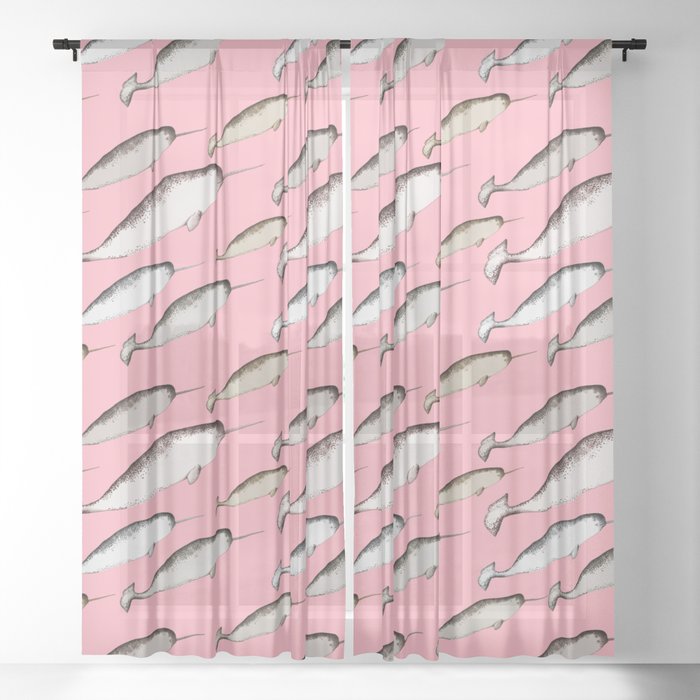 Narwhal Whales - Narwhal Whale Pattern Watercolor Illustration Pink Sheer Curtain