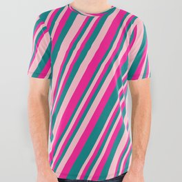 [ Thumbnail: Pink, Deep Pink, and Teal Colored Striped Pattern All Over Graphic Tee ]