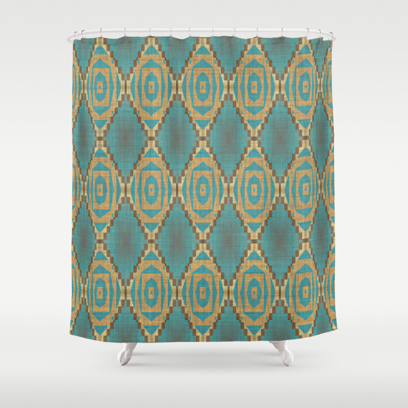 Teal Turquoise Khaki Brown Rustic Mosaic Pattern Shower Curtain By