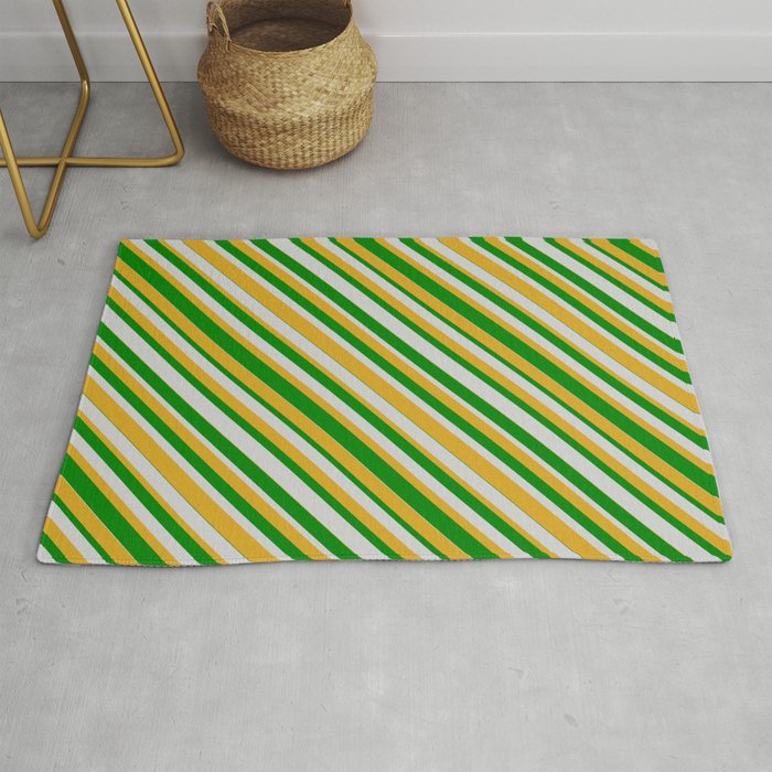 Green, Light Gray, and Goldenrod Colored Striped Pattern Rug
