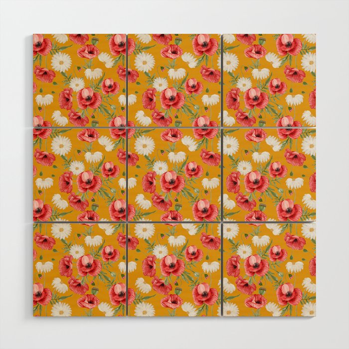Daisy and Poppy Seamless Pattern on Mustard Background Wood Wall Art