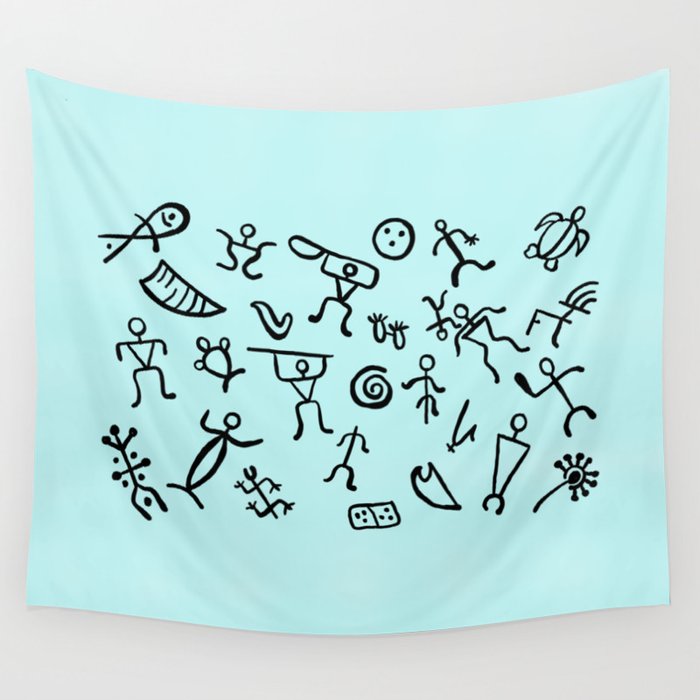 Hawaiian Petroglyphs - black pen on turquoise Wall Tapestry