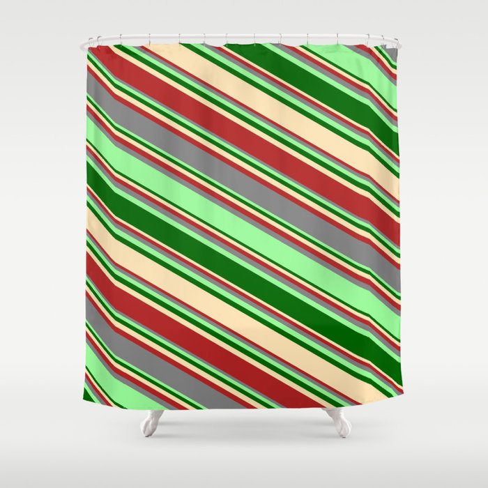 Eyecatching Grey, Green, Dark Green, Beige, and Red Colored Lines Pattern Shower Curtain