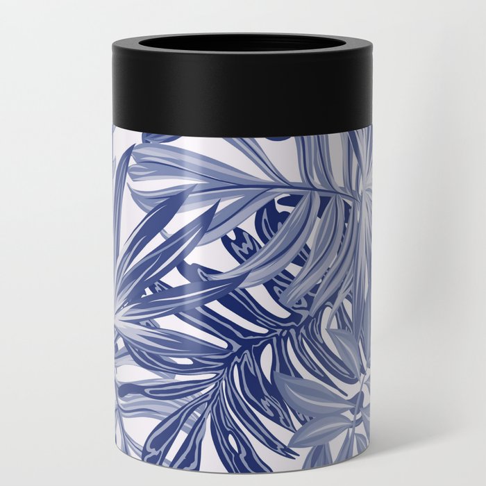 Abstract Tropical Leaves in Blue and White Can Cooler