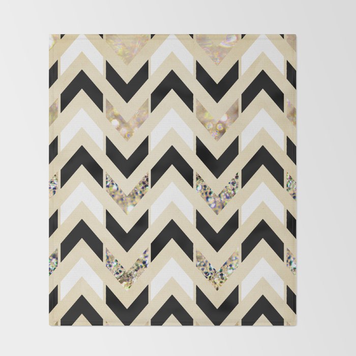 Black White Gold Glitter Herringbone Chevron On Nude Cream