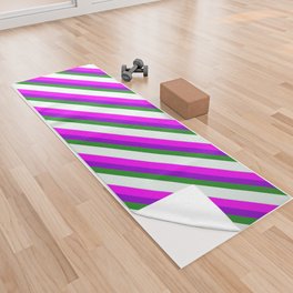 [ Thumbnail: Eye-catching Fuchsia, Dark Violet, Forest Green, Mint Cream, and Light Grey Colored Stripes Pattern Yoga Towel ]