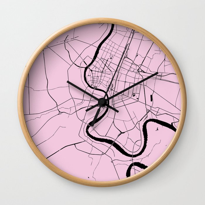 Bangkok Thailand Minimal Street Map - Pastel Pink and Black Wall Clock