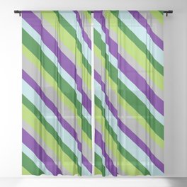 [ Thumbnail: Dark Green, Green, Dark Grey, Indigo & Powder Blue Colored Striped/Lined Pattern Sheer Curtain ]