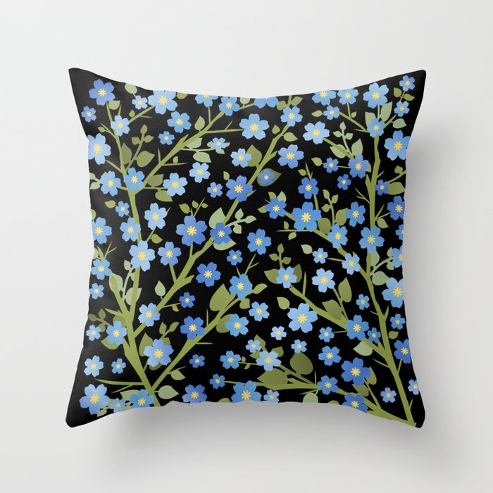Lovely Blossoms - blue on black Throw Pillow