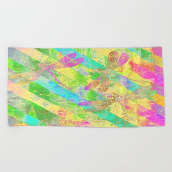 A Dragonflies and Stripes Y Beach Towel