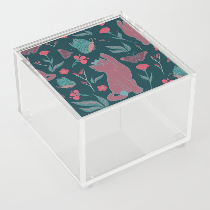 Cat's play - green and coral Acrylic Box