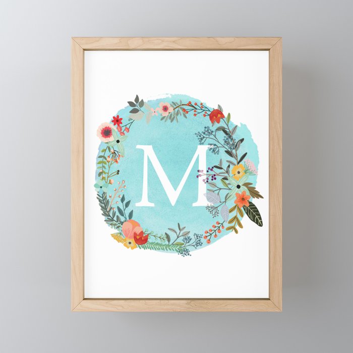 Personalized Monogram Initial Letter M Blue Watercolor Flower Wreath Artwork Framed Mini Art Print