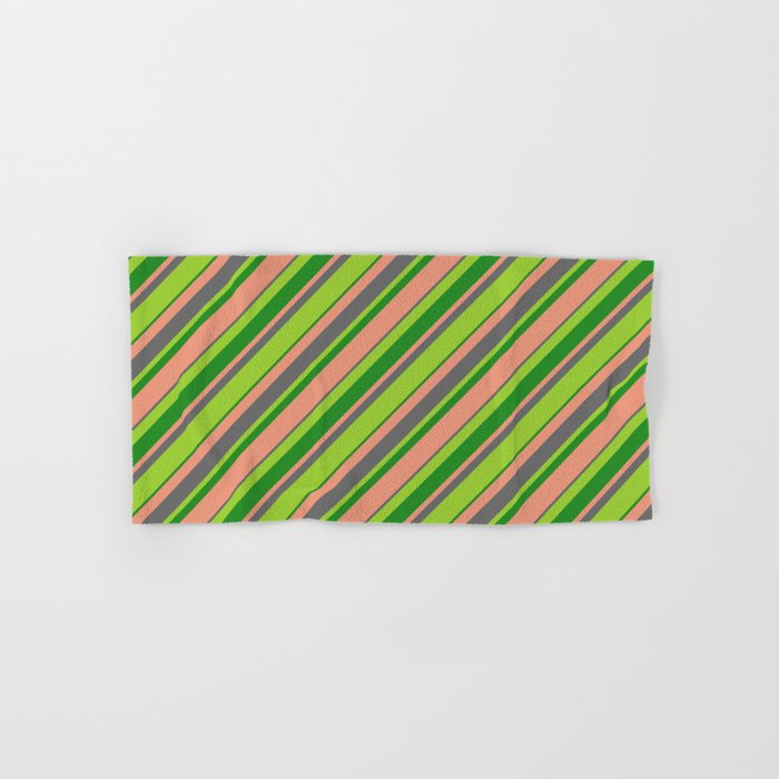 Green, Forest Green, Dark Salmon, and Dim Gray Colored Striped/Lined Pattern Hand & Bath Towel