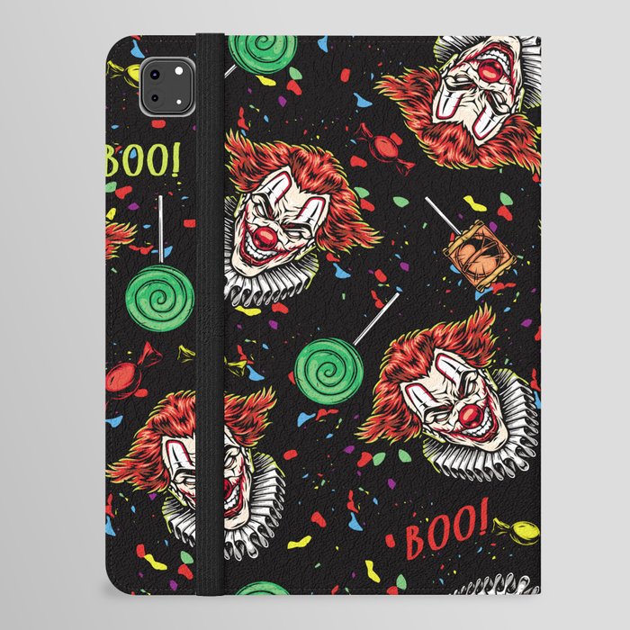 Halloween party vintage colorful seamless pattern with spooky clown heads with paper collar candies lollipops Boo inscriptions confetti vintage illustration iPad Folio Case