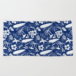 Blue and White Surfing Summer Beach Objects Seamless Pattern Beach Towel