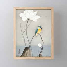 Kingfisher sitting on a lotus flower - Vintage Japanese Woodblock Print Art Framed Mini Art Print