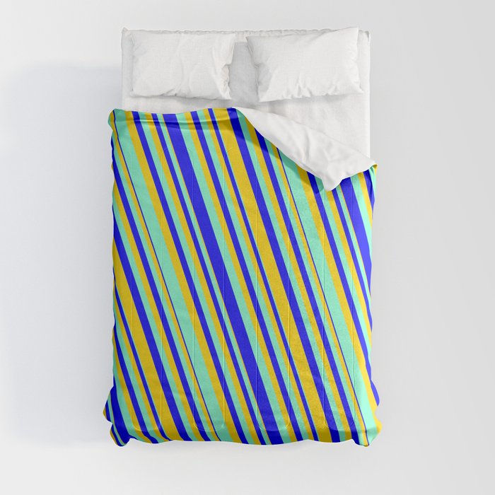 Aquamarine, Blue & Yellow Colored Lines Pattern Comforter