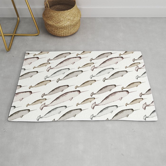Narwhal Whales - Narwhal Whale Pattern Watercolor Illustration White Rug