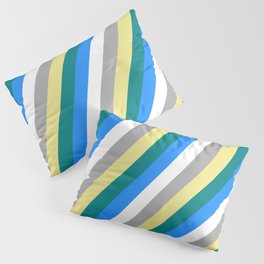 [ Thumbnail: Eye-catching Tan, Teal, Blue, White & Dark Gray Colored Striped/Lined Pattern Pillow Sham ]