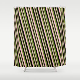 [ Thumbnail: Green, Pink, and Black Colored Striped Pattern Shower Curtain ]