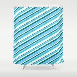 [ Thumbnail: Teal, Light Sky Blue, Turquoise & Mint Cream Colored Striped Pattern Shower Curtain ]