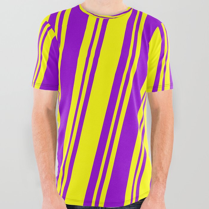 Yellow & Dark Violet Colored Lined Pattern All Over Graphic Tee