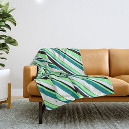 [ Thumbnail: Green, Teal, Mint Cream & Black Colored Lined Pattern Throw Blanket ]