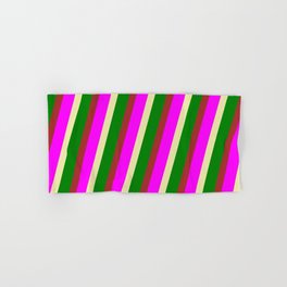 [ Thumbnail: Green, Brown, Fuchsia & Pale Goldenrod Colored Lines/Stripes Pattern Hand & Bath Towel ]