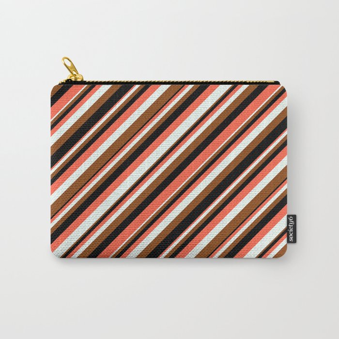 Red, Mint Cream, Brown, and Black Colored Striped/Lined Pattern Carry-All Pouch