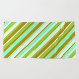 [ Thumbnail: Beige, Green, Dark Goldenrod, and Aquamarine Colored Striped/Lined Pattern Beach Towel ]