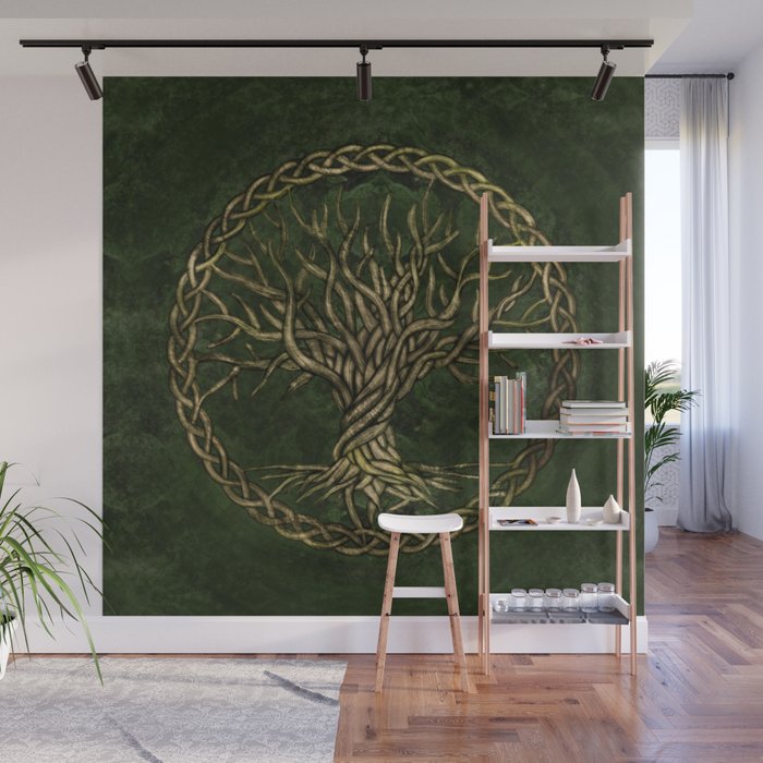 Tree of life -Yggdrasil -green and gold Wall Mural