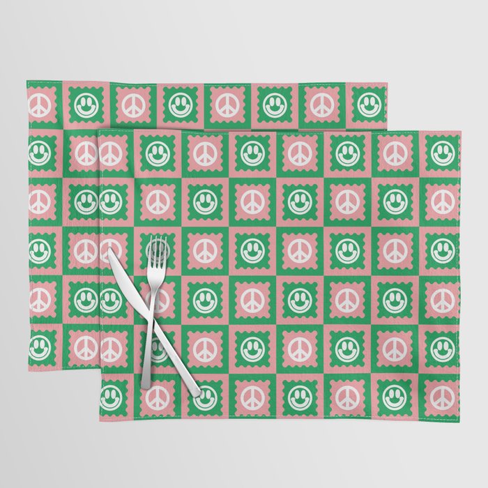 Funky Checkered Smileys and Peace Symbol Pattern (Pink, Green, White) Placemat