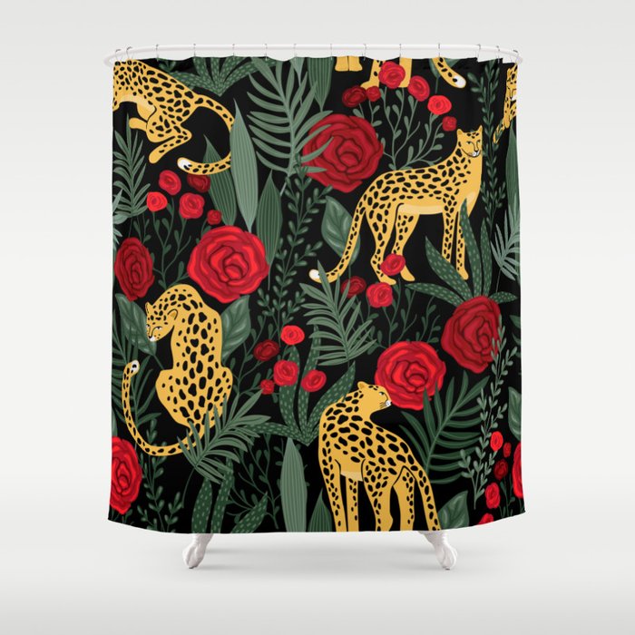 Exotic Jungle Leopard Wild Cat, Red Roses & Wilderness Shower Curtain