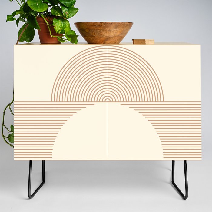 Geometric Lines Design 1 in Shades of Brown Beige (Sunrise and Sunset) Credenza