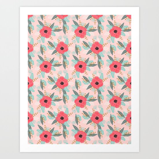 Poppies pink pastel red florals flowers pattern boho dorm college trendy garden plants poppy flower Art Print