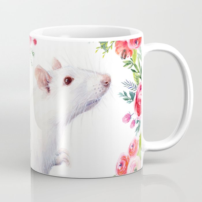 White Rat with Flowers Watercolor Floral Pattern Animal Coffee Mug