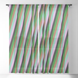 [ Thumbnail: Eye-catching Green, Sienna, Aquamarine, Plum & Black Colored Lines/Stripes Pattern Sheer Curtain ]