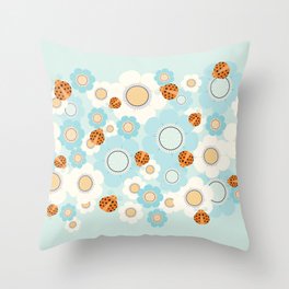 Blue and cream flowers with red ladybugs Throw Pillow