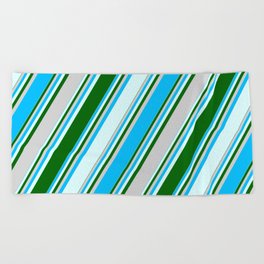 [ Thumbnail: Deep Sky Blue, Light Cyan, Dark Green & Light Gray Colored Lines Pattern Beach Towel ]