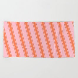 [ Thumbnail: Pink & Coral Colored Striped Pattern Beach Towel ]