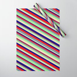 [ Thumbnail: Tan, Blue, Red, Light Slate Gray, and Light Green Colored Stripes/Lines Pattern Wrapping Paper ]